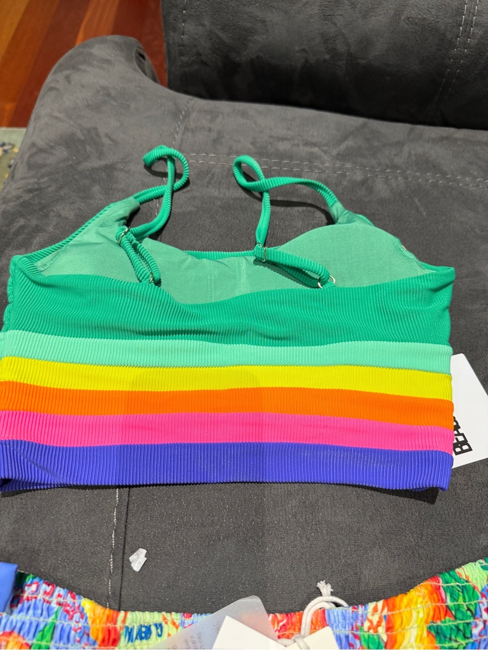 Anthropologie Green Ribbed Crop Top & Multicolor Print Bikini Bottoms - Picture 3 of 7